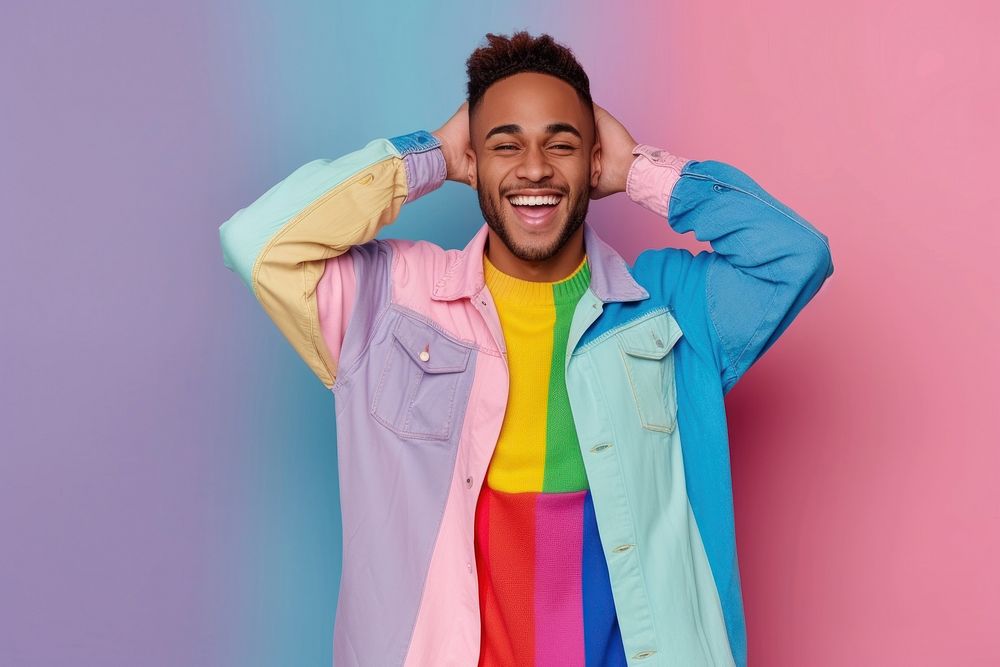 Cool LGBT young black man with fashionable clothing style full body on colored background laughing smile adult.