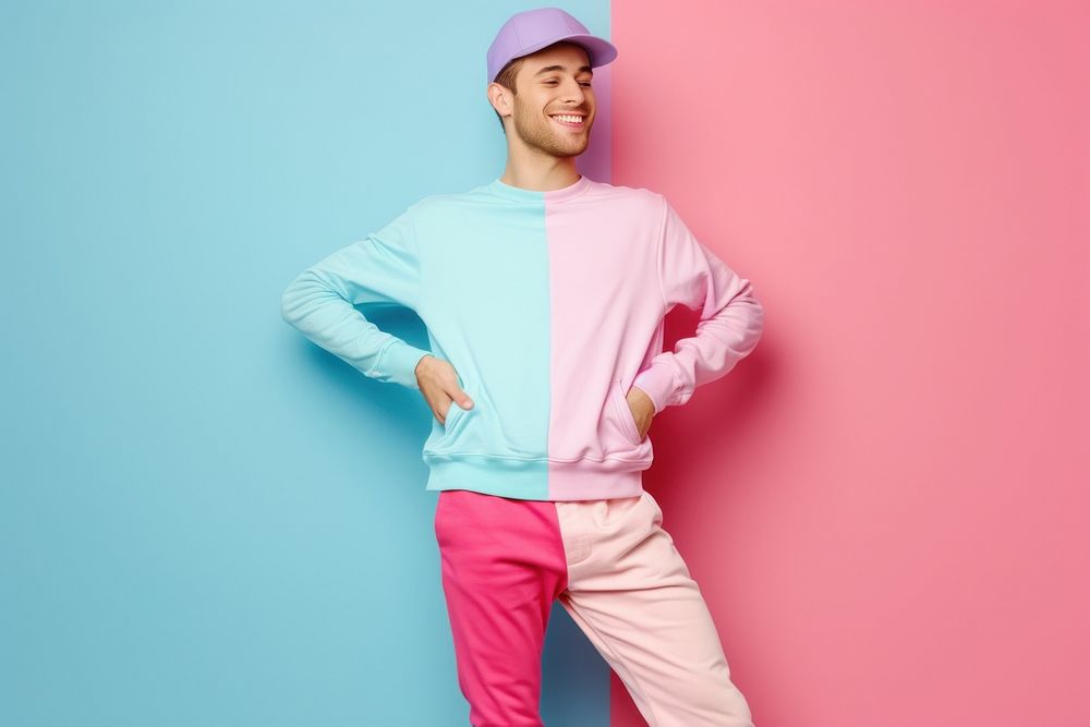 Cool LGBT young Latin man with fashionable clothing style full body on colored background sleeve adult fun.
