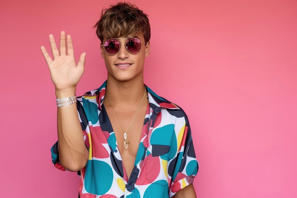 Cool LGBT young Latin man with fashionable clothing style full body on colored background jewelry smile fun.