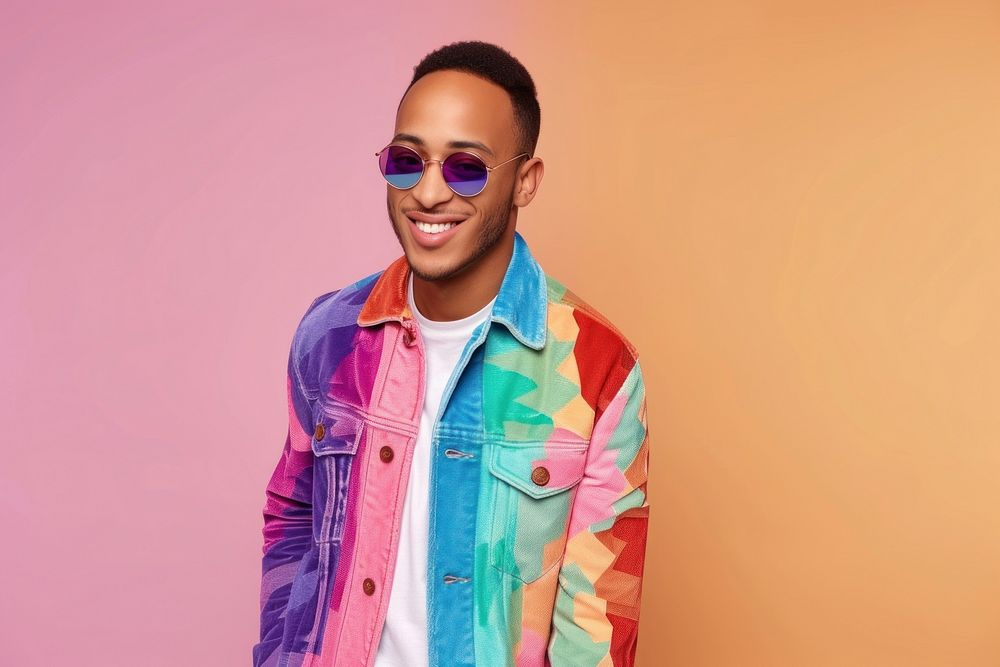 Cool young black man with fashionable clothing style full body on colored background smile adult fun.
