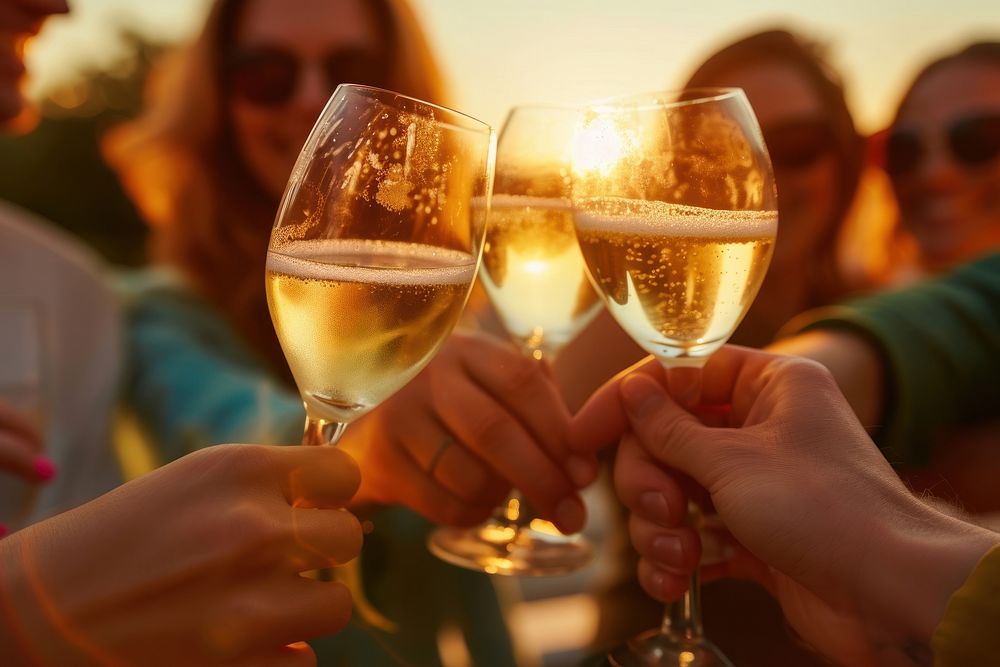 Friends clinking sparkling wine glasses at sunset drink party fun.