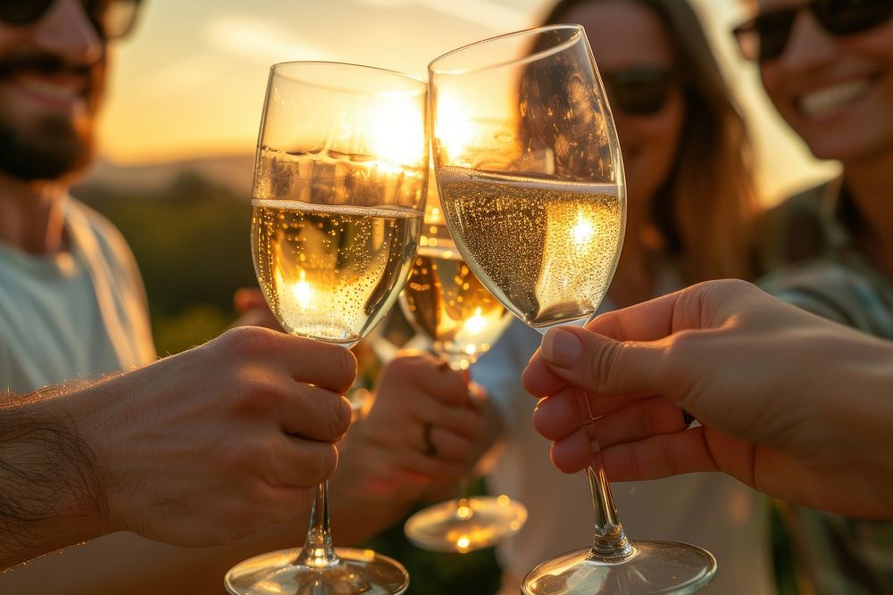 Friends clinking sparkling wine glasses at sunset drink party adult.
