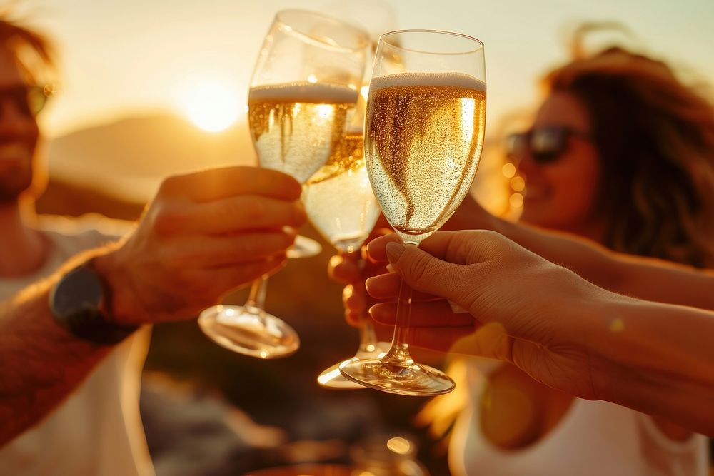 Friends clinking sparkling wine glasses at sunset drink party adult.