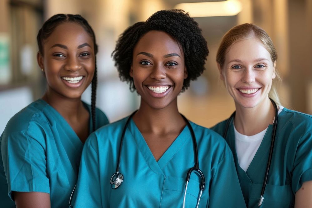 Three diversity team cheerful hospital uniform.