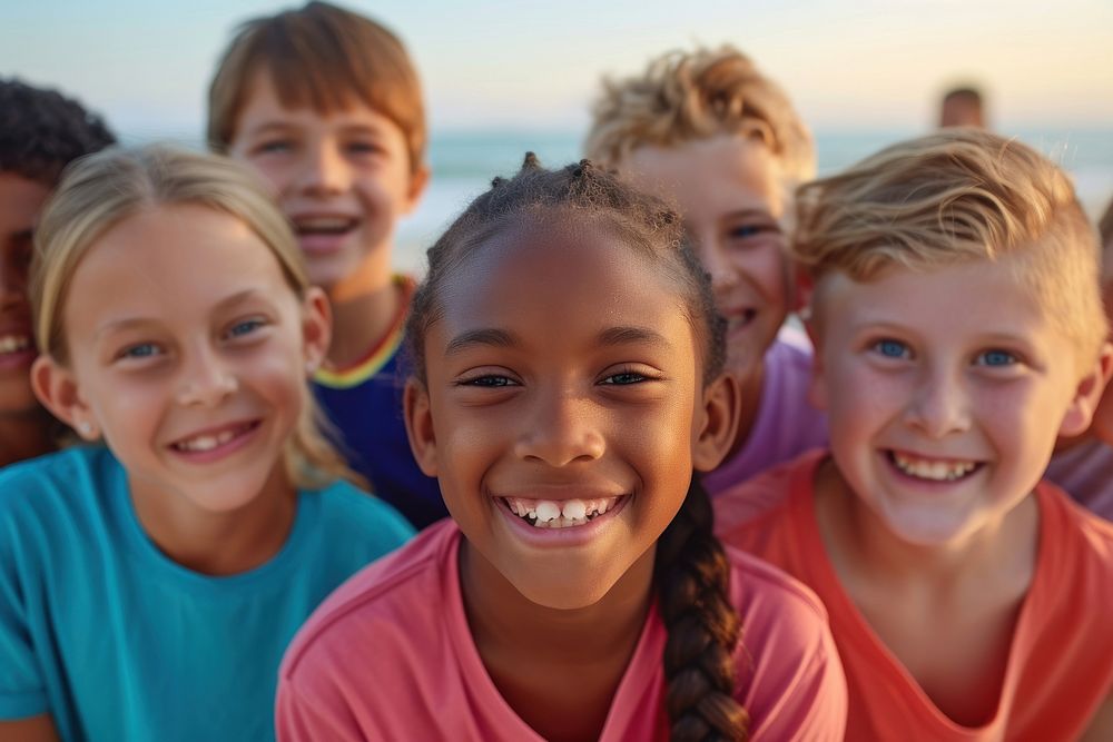 Group of diversity kids volunteers laughing portrait child.