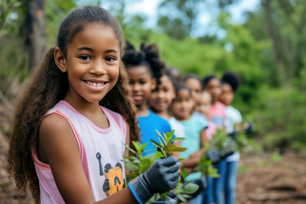 Group of diversity kids volunteers outdoors nature forest.