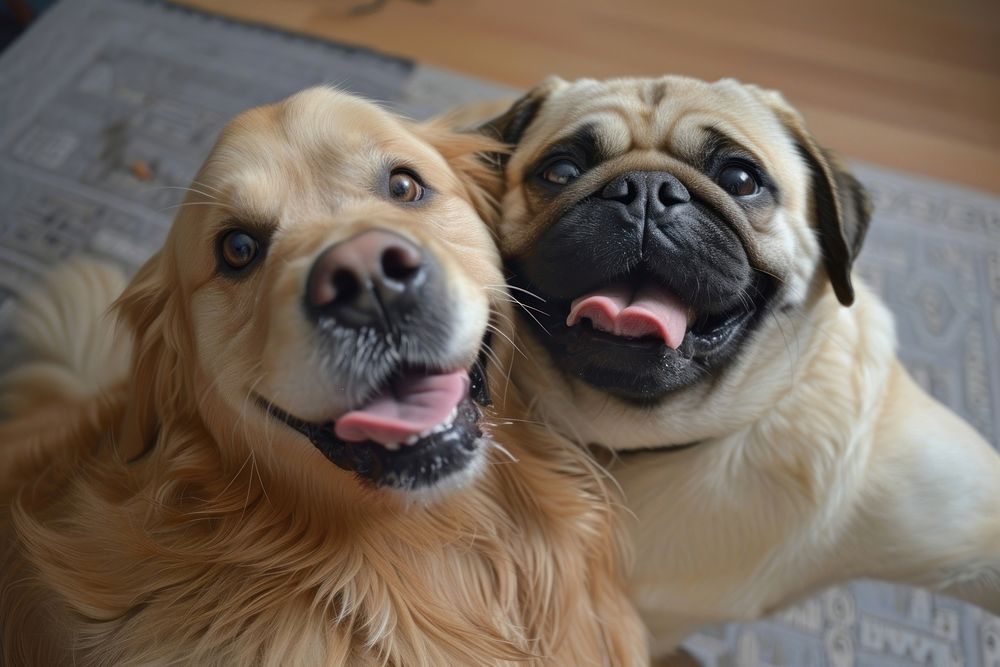Selfie of golden retriever and pug animal mammal puppy.
