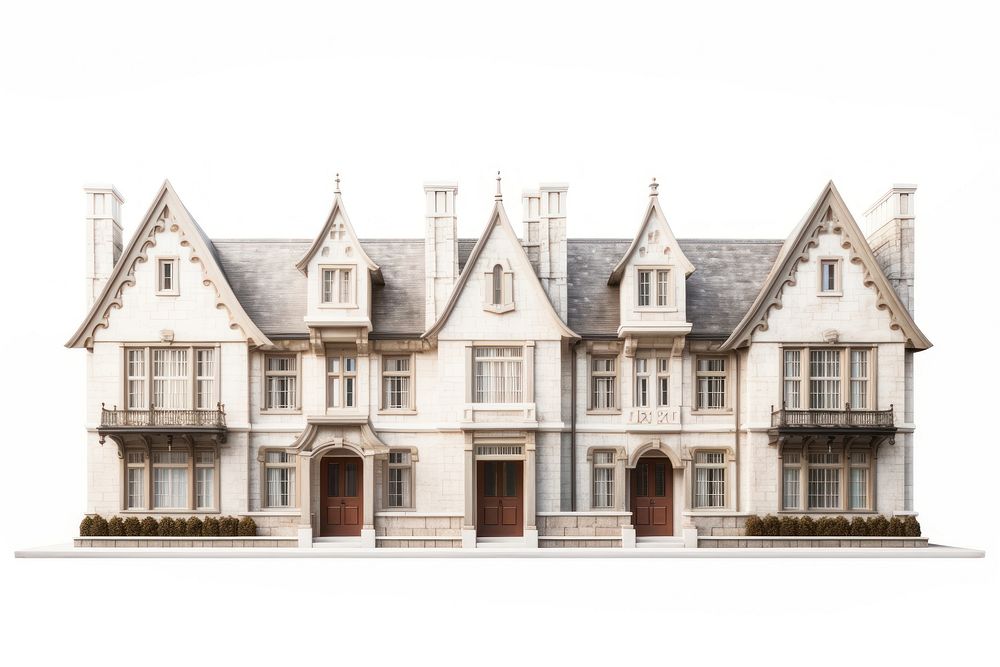 Gothic townhome architecture building house white background.