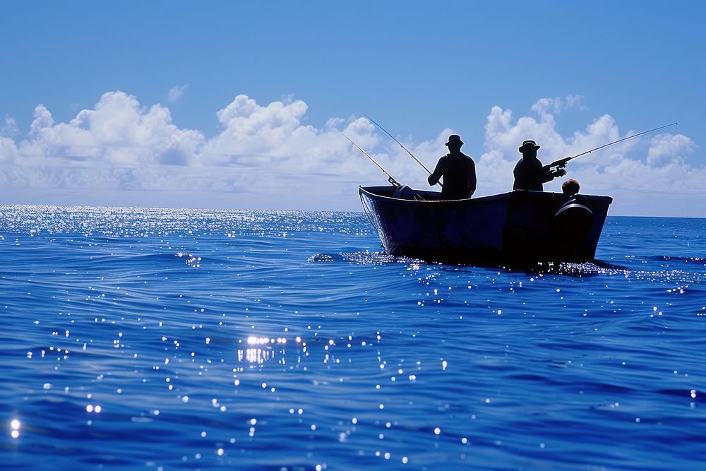 Two men fishing boat outdoors vacation.