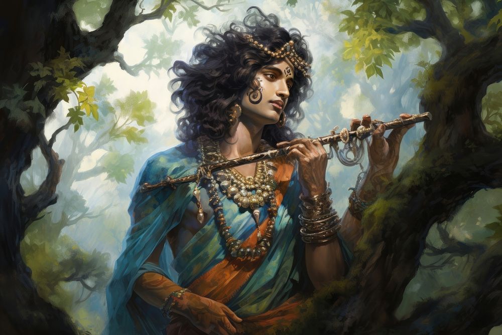 Krishna painting flute curly hair.