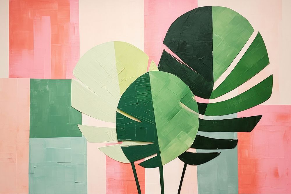 Abstract art tropical plants painting wall architecture.