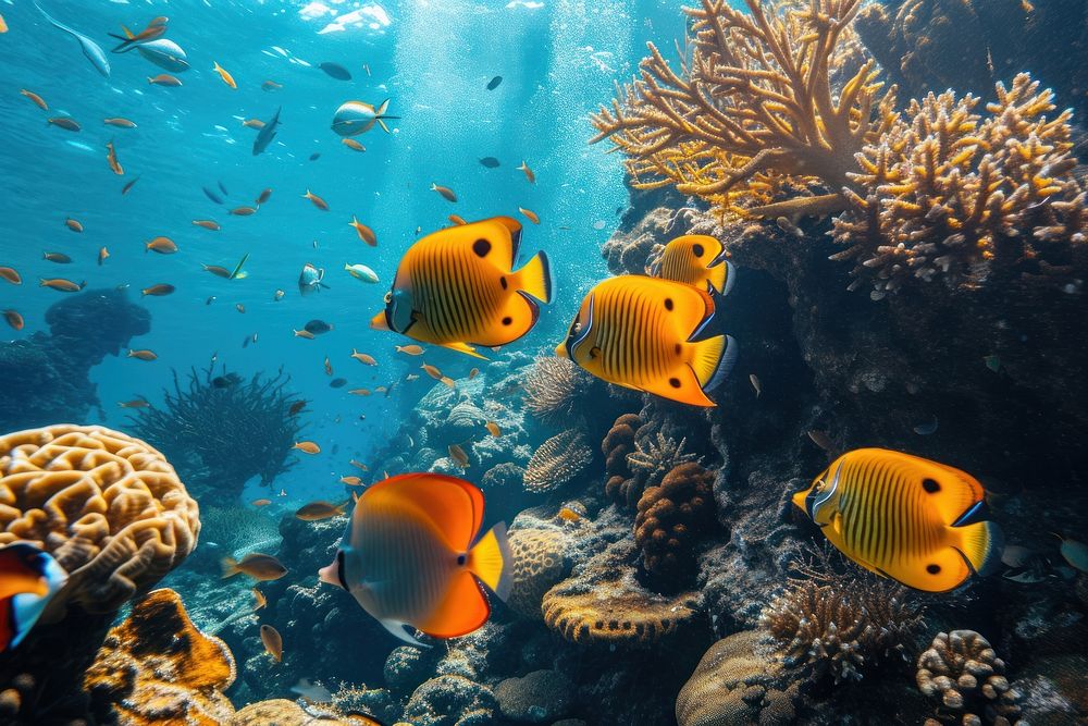 Fishes on coral reef underwater nature sea.