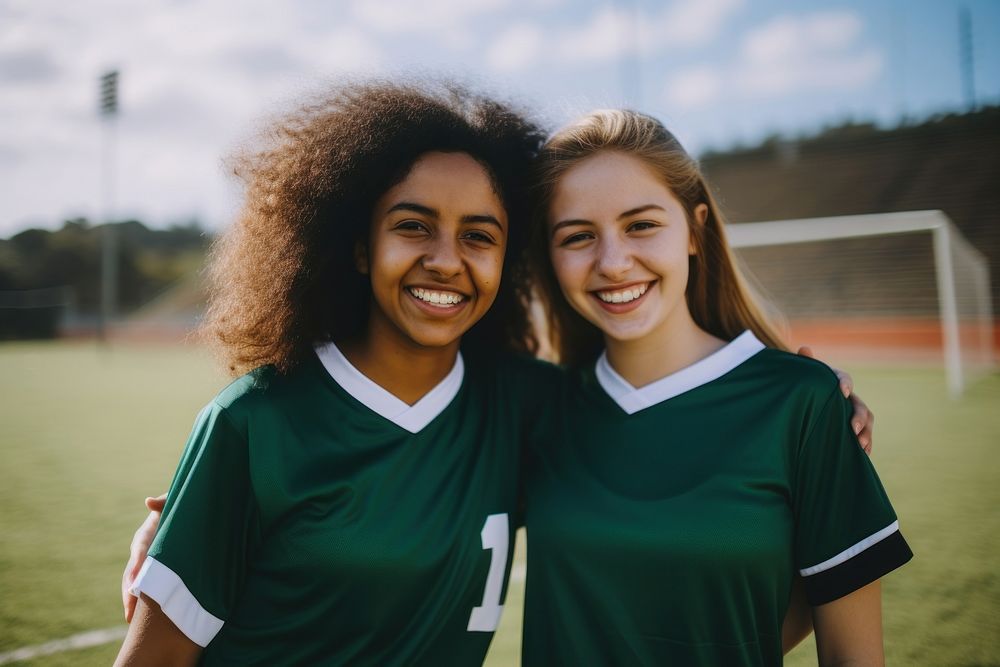 Diverse teen women wearing football team outfit smiling soccer smile.