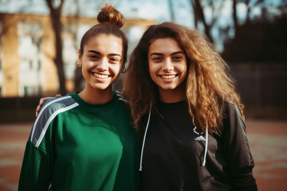 Diverse teen women wearing football team outfit smiling smile togetherness.