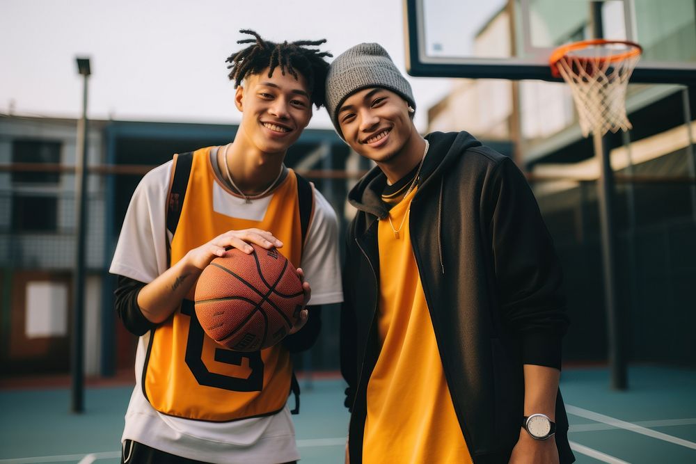 Diverse teen men wearing basketball team outfit smiling holding sports.