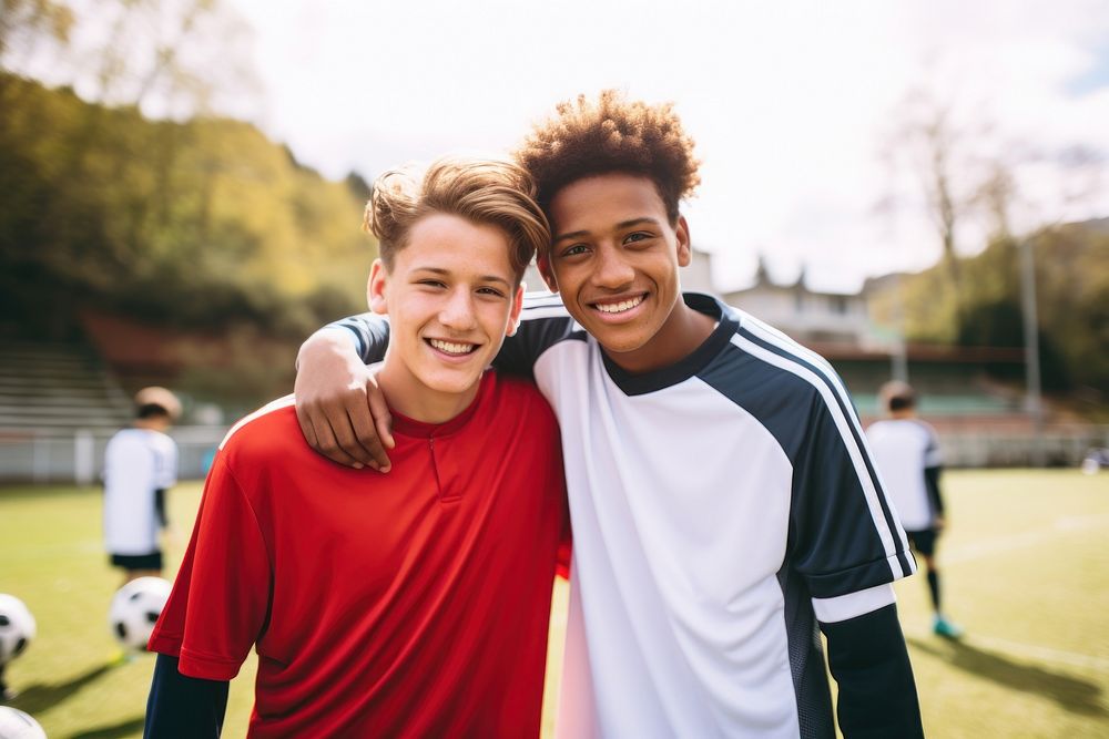 Diverse teen men wearing football team outfit smiling sports soccer.