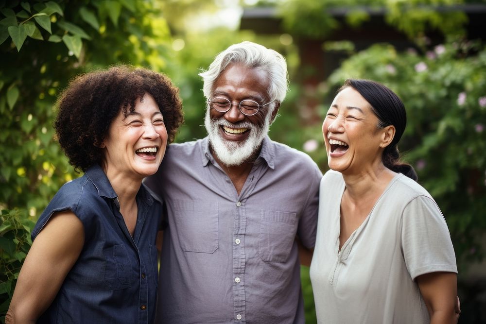 3 diverse senior laughing adult happy.