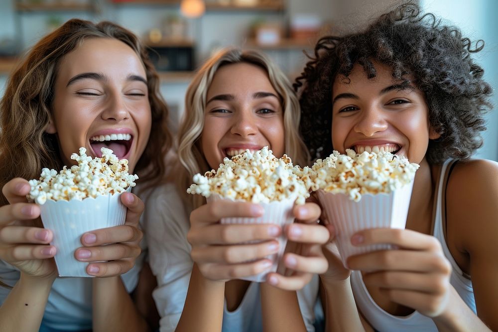 3 friends catching popcorn with the mouth laughing food togetherness.