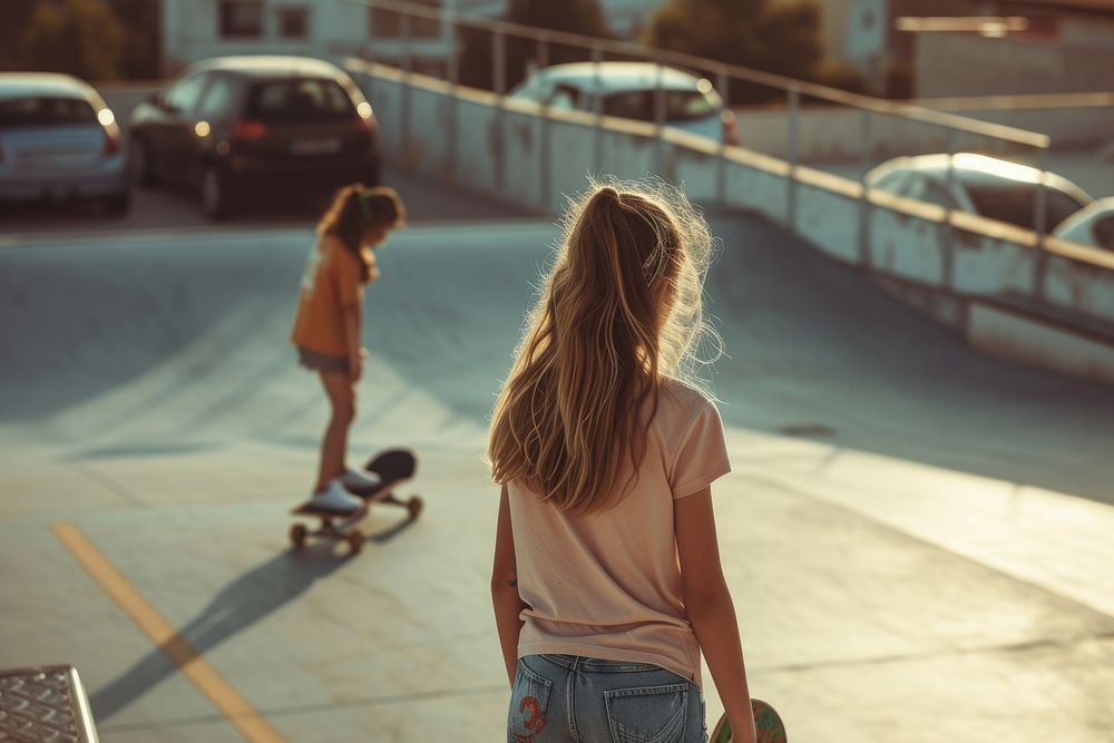 Teenage girls using skateboard on rooftop car park footwear vehicle transportation.