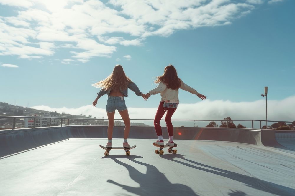 Teenage girls using skateboard on rooftop car park footwear sports skateboarding.