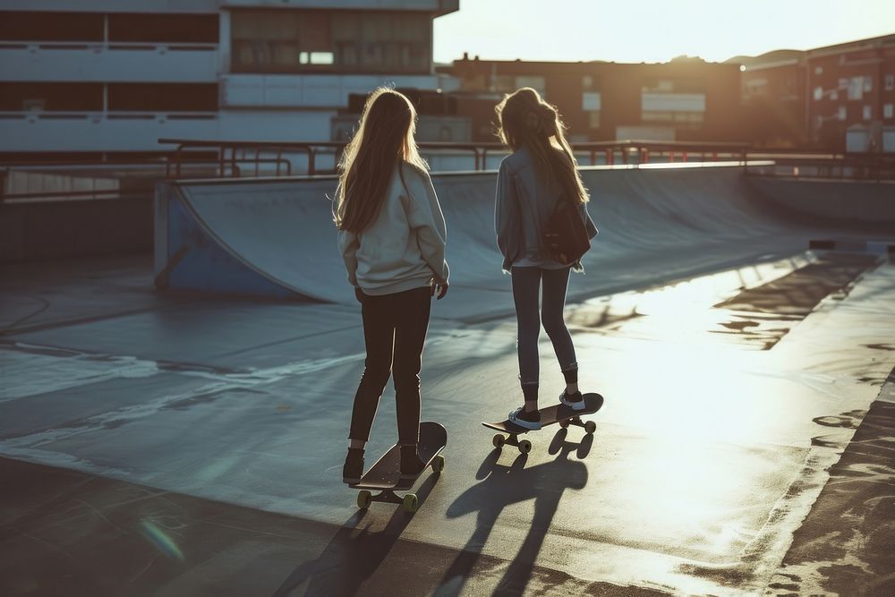 Teenage girls using skateboard on rooftop car park footwear skating sports.