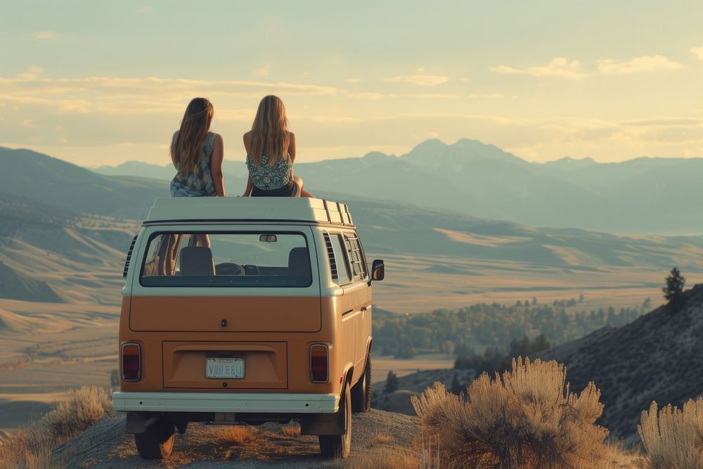 Two woman on top of camper van in remote mountain landscape vacation vehicle car.
