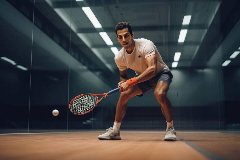 Male squash player sports tennis racket.