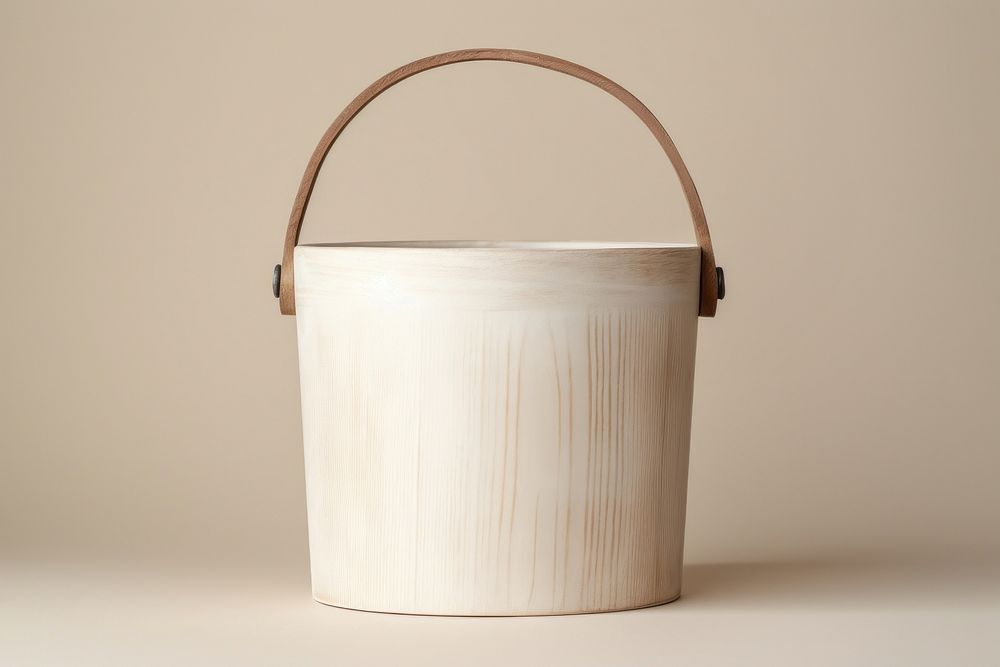 Wooden brown bucket handbag accessories container.