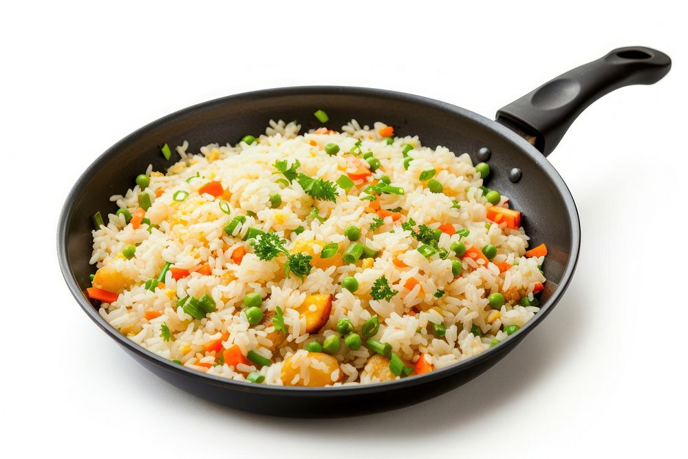 Fried rice in pan food white background vegetable.