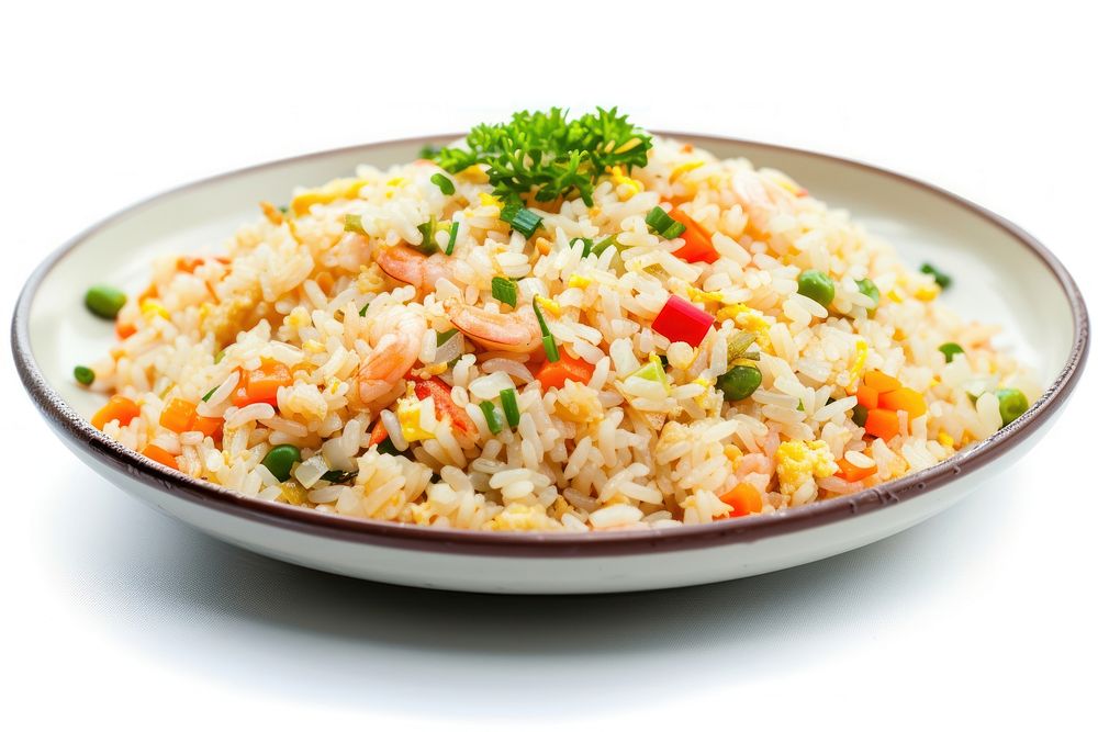 Fried rice in plate food white background vegetable.