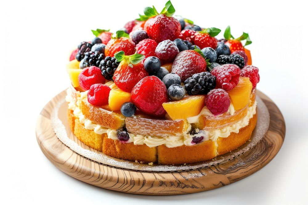 Fruit cake on wood board fruit raspberry blueberry.