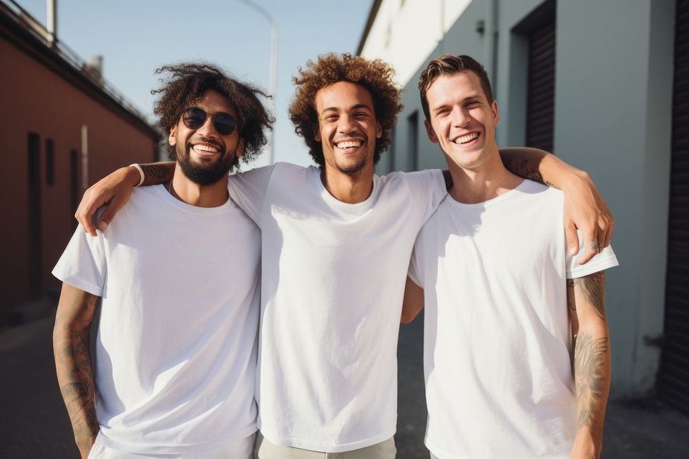 Happy 3 diverse friends laughing t-shirt adult.