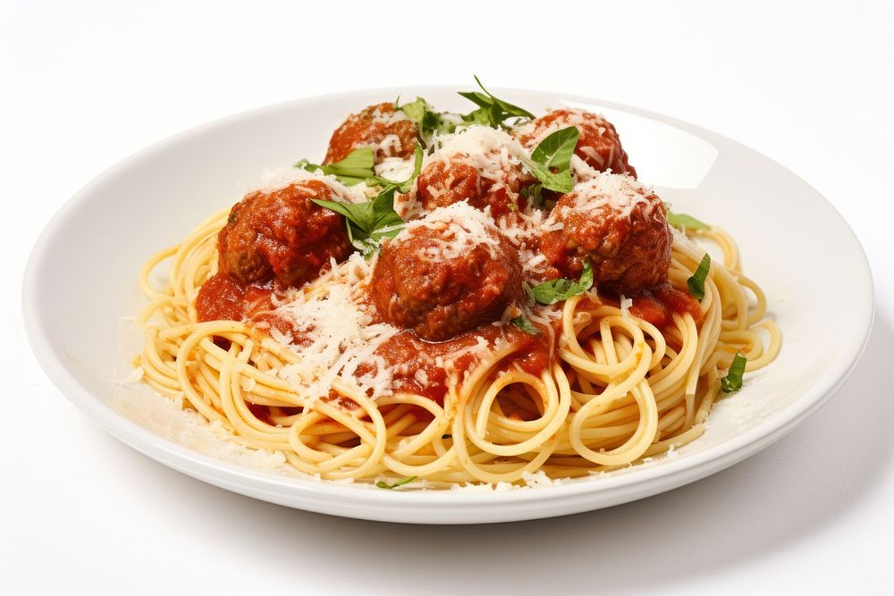 Spaghetti and meatballs dish with a rich tomato sauce and grated Parmesan cheese pasta plate food.