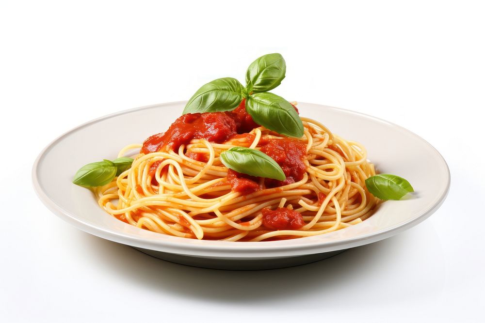 Spaghetti pasta plate tomato.