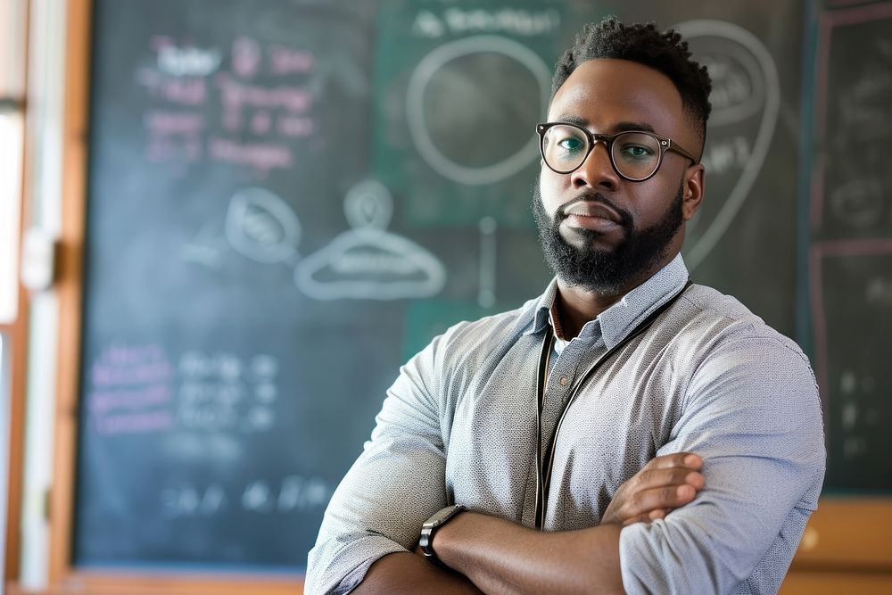 African american man blackboard classroom glasses.
