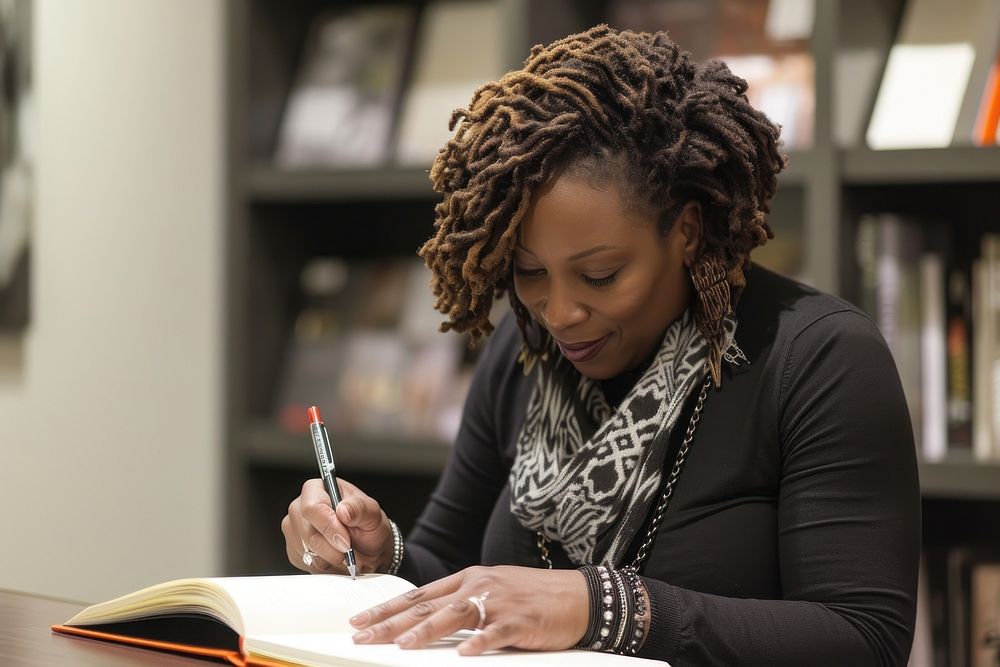 African american woman writing reading adult.