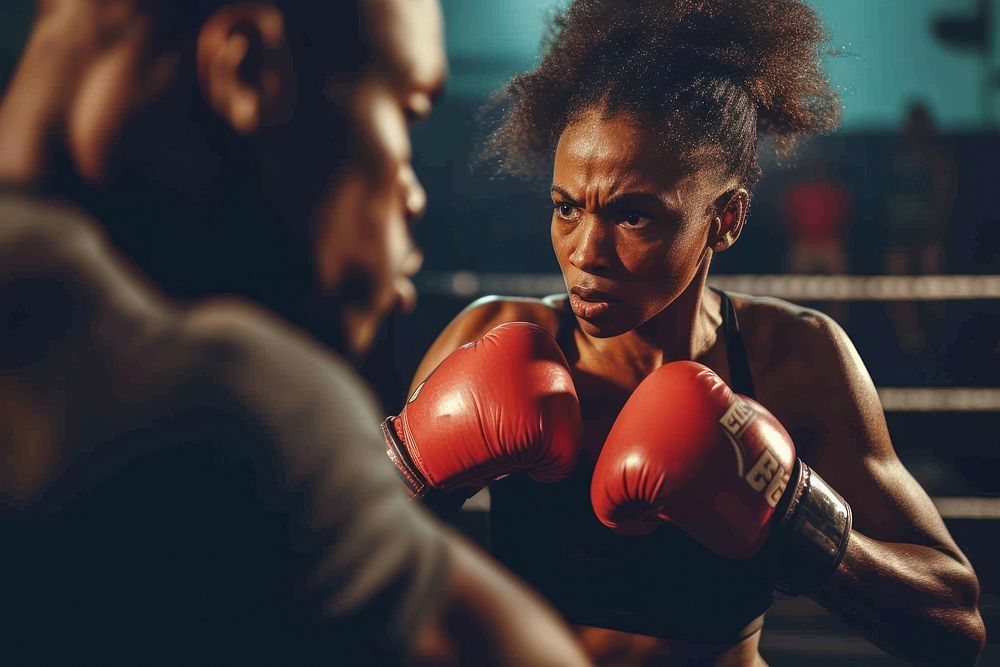 African american woman boxing punching sports.
