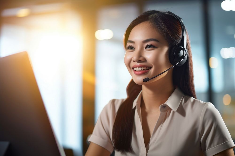 Asian woman working at call center headphones headset adult.