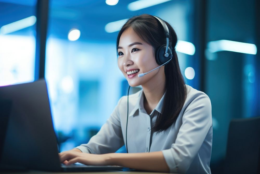 Asian woman working at call center laptop headphones computer.