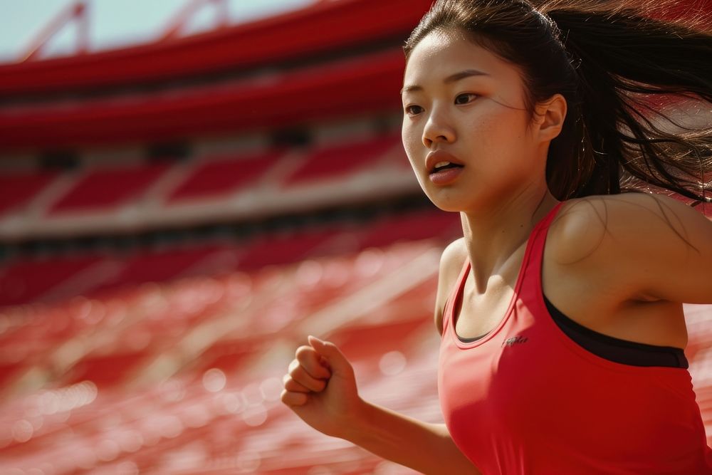 Asian american female athlete motivation running red.