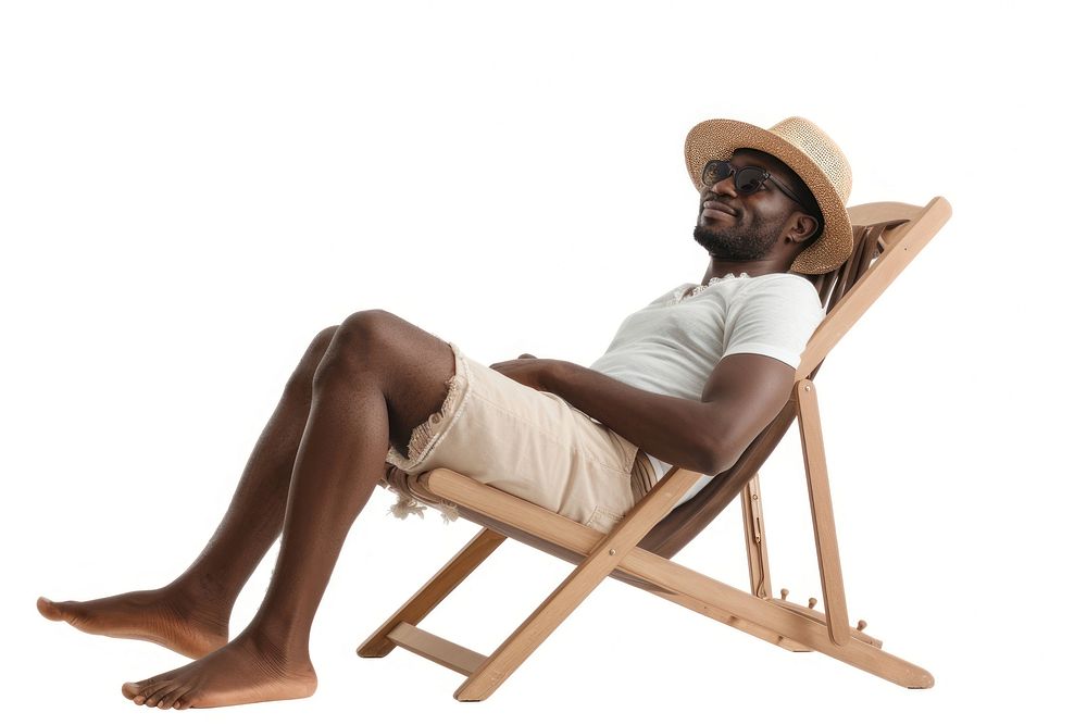 Photo of black man lay on beach chair sunbathing furniture sitting.