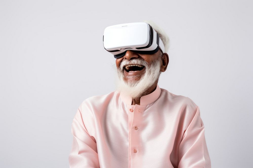 Indian man wearing vr glasses technology moustache happiness.