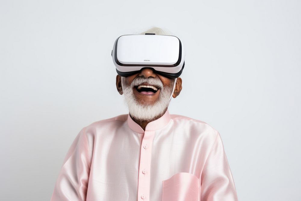 Indian man wearing vr glasses technology moustache happiness.