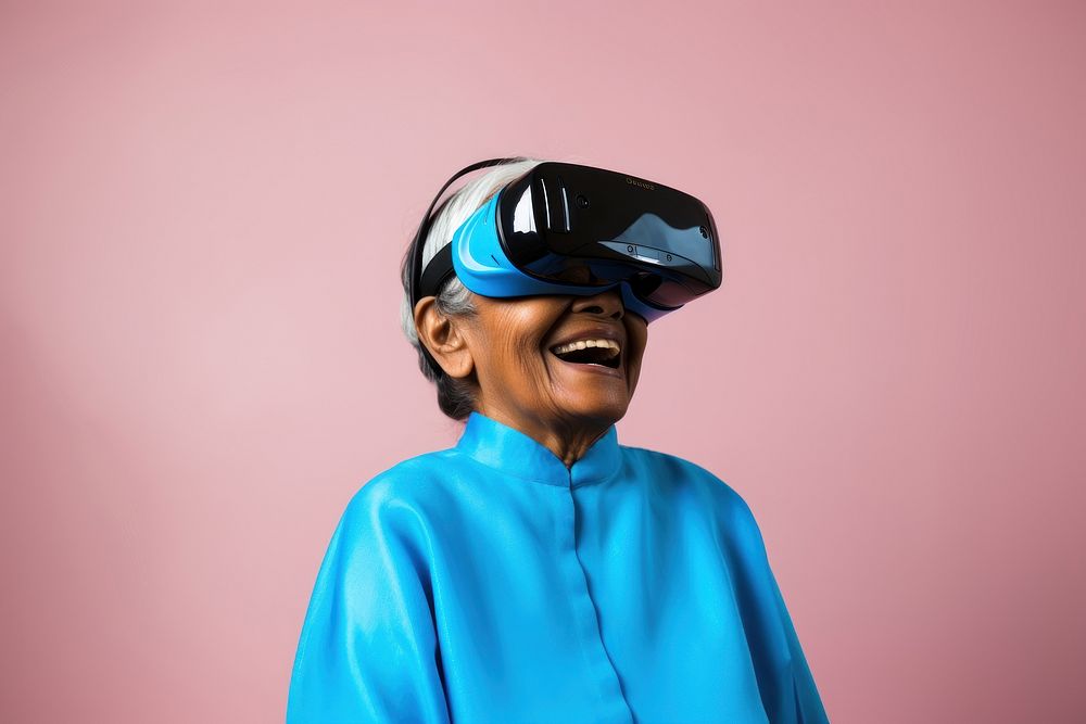 Indian woman wearing vr glasses accessories technology happiness.