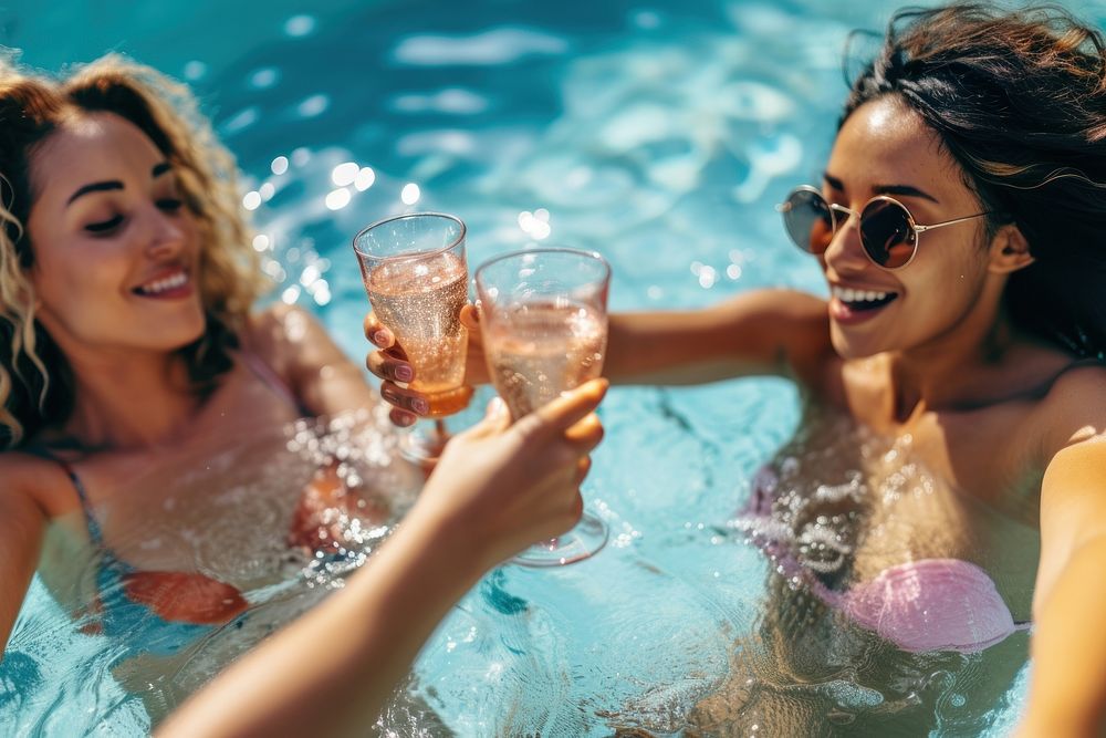 Female friends toasting while floating in hotel pool during party female adult fun.