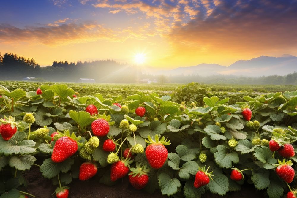 Fresh organic strawberry farming landscape outdoors nature.