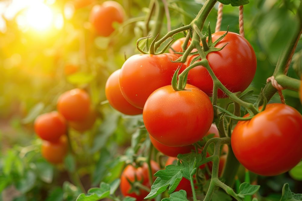 Fresh organic tomato farming vegetable plant fruit.