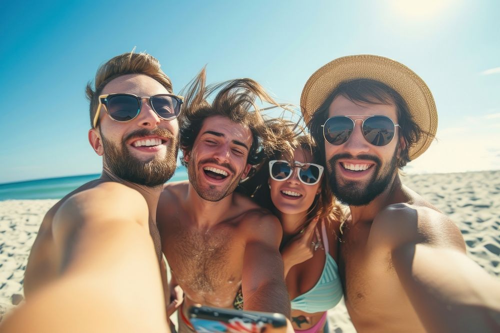 Group of friends taking selfie on sunny beach photography sunglasses laughing.
