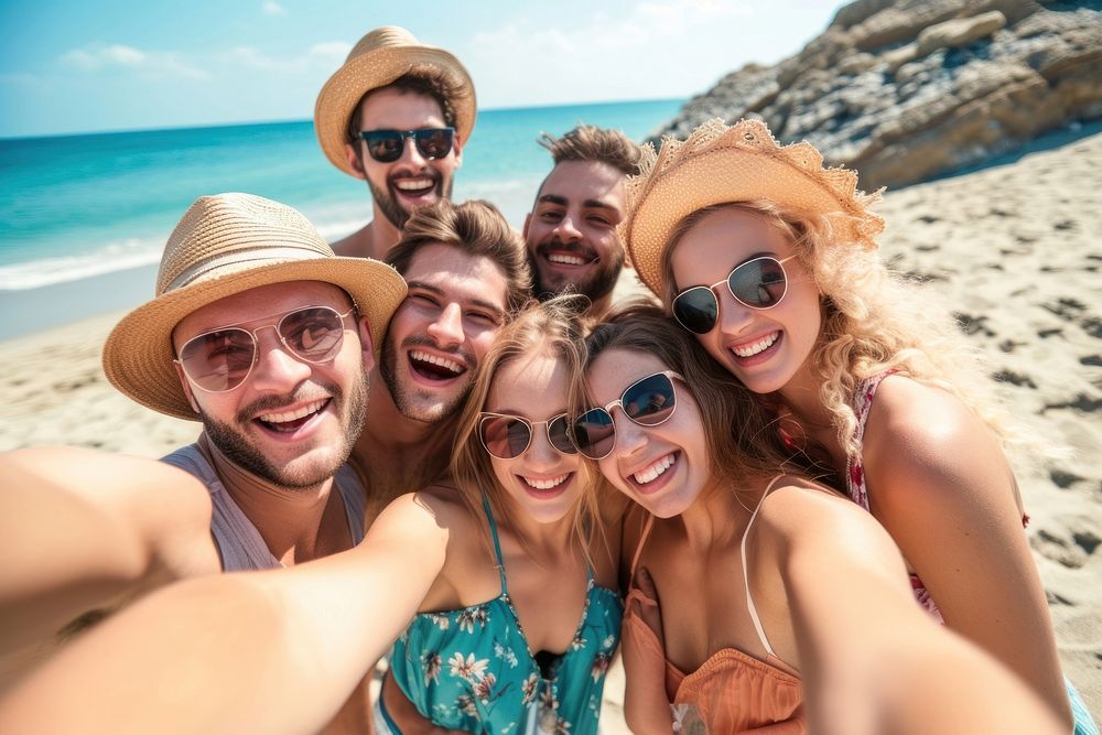 Group of friends taking selfie on sunny beach vacation glasses tourist.