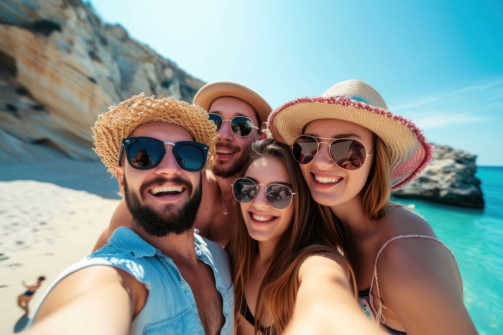 Group of friends taking selfie on sunny beach glasses adult togetherness.